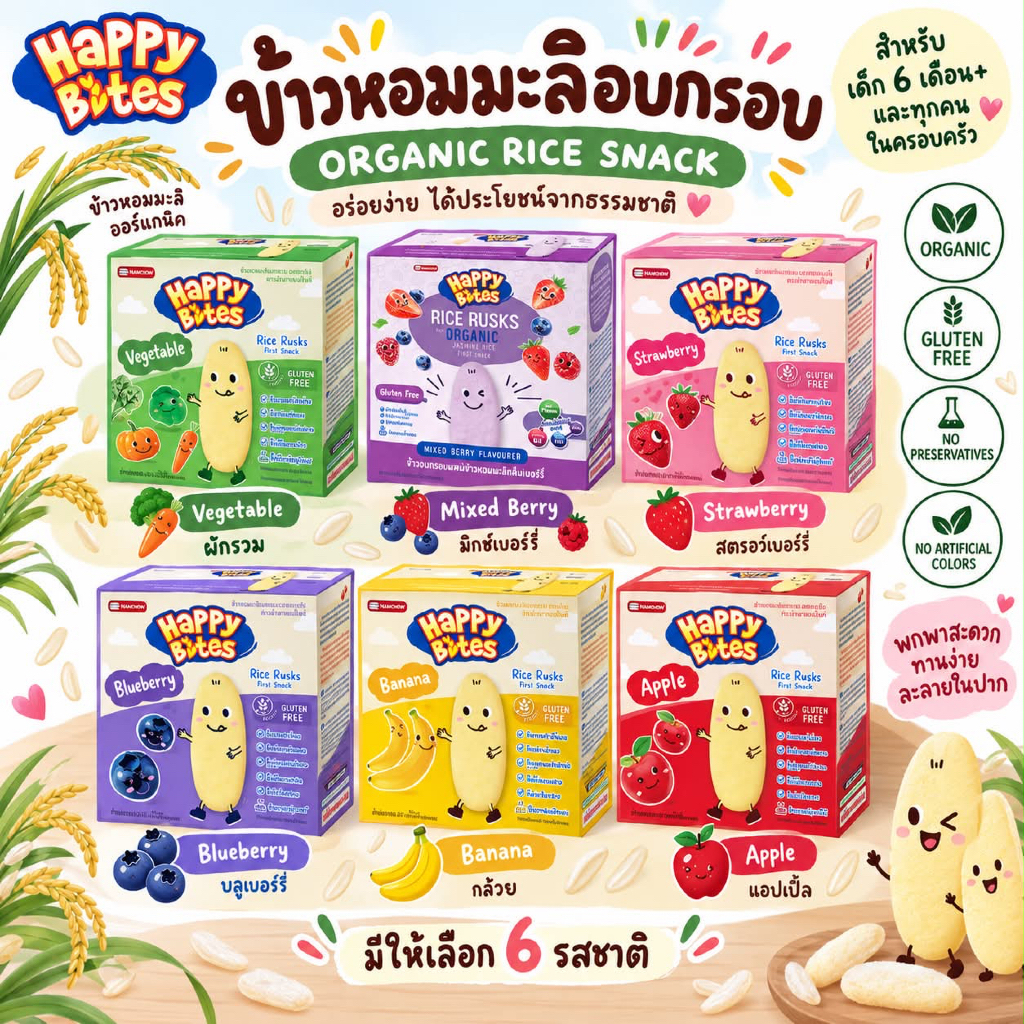 (ส่งด่วน/ส่งทันที🔥) ขนมเด็ก Namchow Happy Bites ข้าวหอมมะลิอบกรอบสำหรับเด็ก แฮปปี้ไบท์ ข้าวอบกรอบ