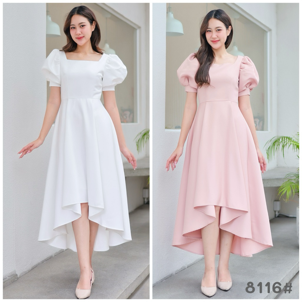 เดรสแขนบอลลูนสไตล์เกาหลี Midi Dress ไปงานแต่ง เพื่อนเจ้าสาว ผ้าดีมีซับใน