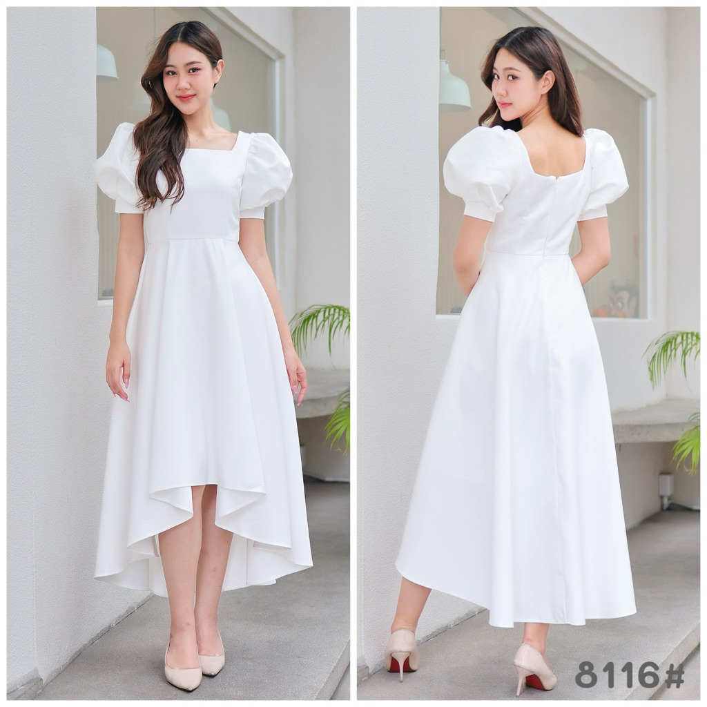 เดรสแขนบอลลูนสไตล์เกาหลี Midi Dress ไปงานแต่ง เพื่อนเจ้าสาว ผ้าดีมีซับใน มุมมองที่ 6