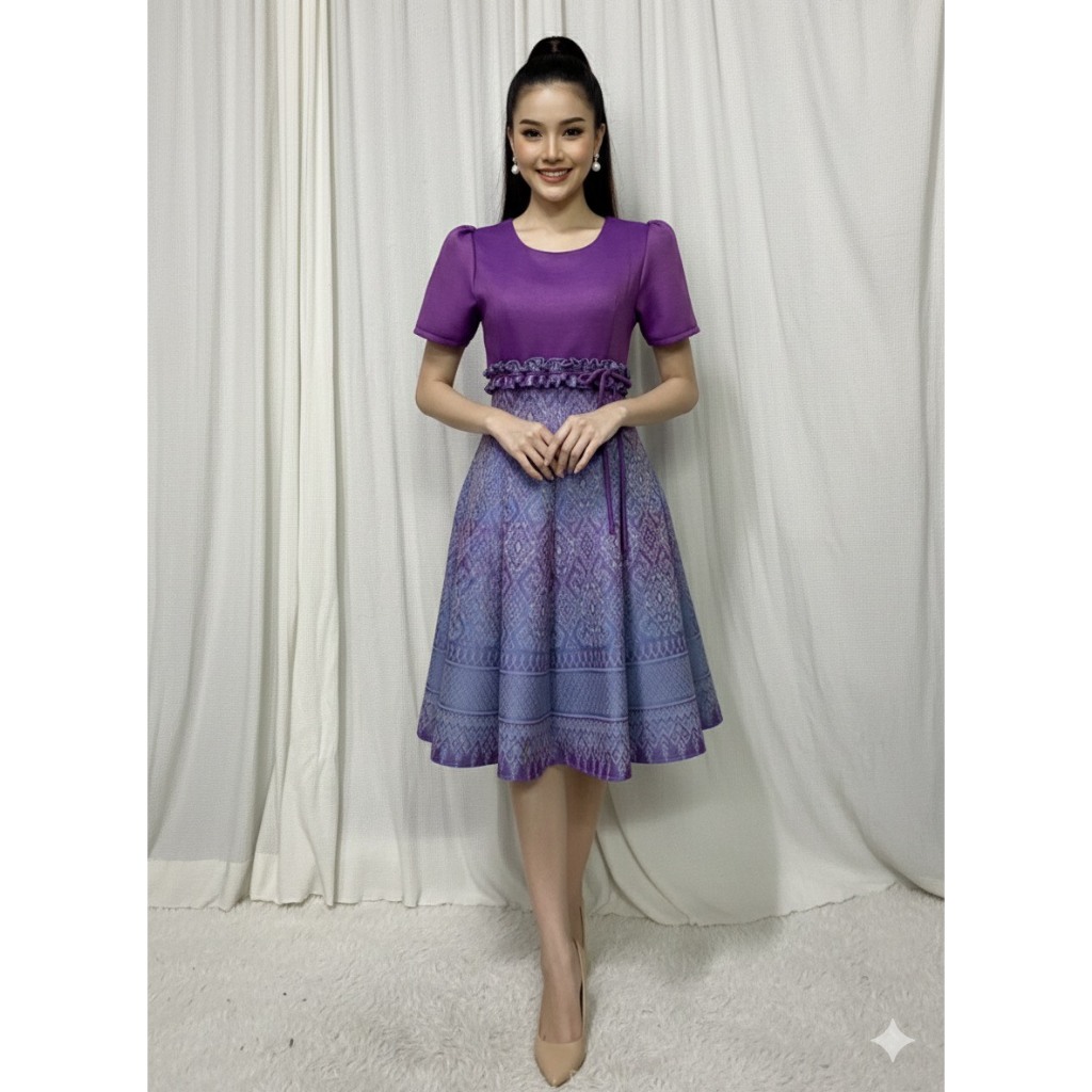 Purrsona_kuties ชุดเดรสผ้าไทยผ้าฝ้ายทอลายอัดกาว ดีเทลเนียบ สีสวยถูกใจ