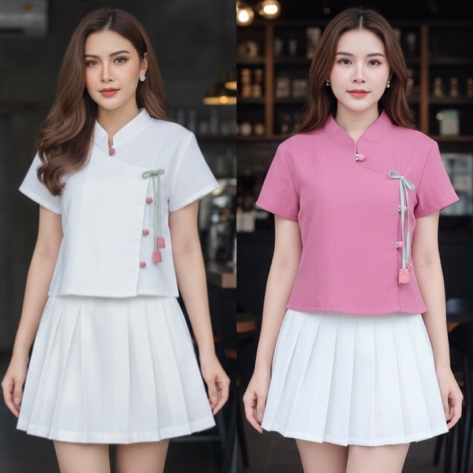 LANNA – เสื้อคอจีนผู้หญิง รุ่นป้ายติดกระดุมดอกทิวลิป