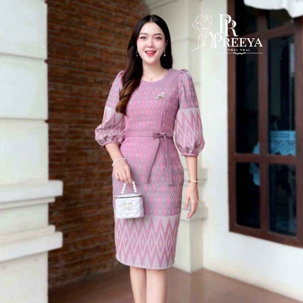 PR159 เดรสผ้าฝ้ายทอลายทรงสอบ อัดกาวทั้งชุด ใส่แล้วไม่ร้อน ไซส์S-2XL แบรนด์ Preeya มุมมองที่ 3