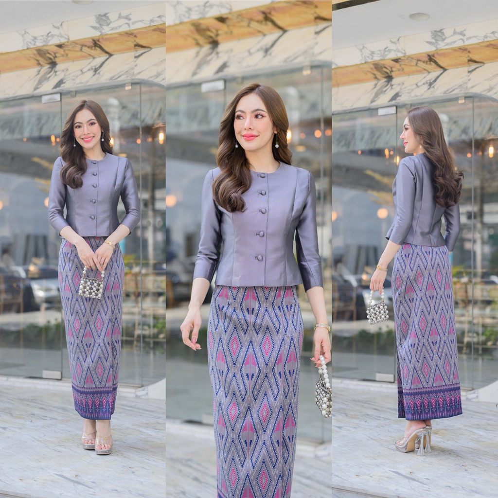 ชุดไทยเรือนต้นไหมมัดหมี่ทอลายอัดกาว งานตัดเย็บเรียบร้อย สวยสง่า
