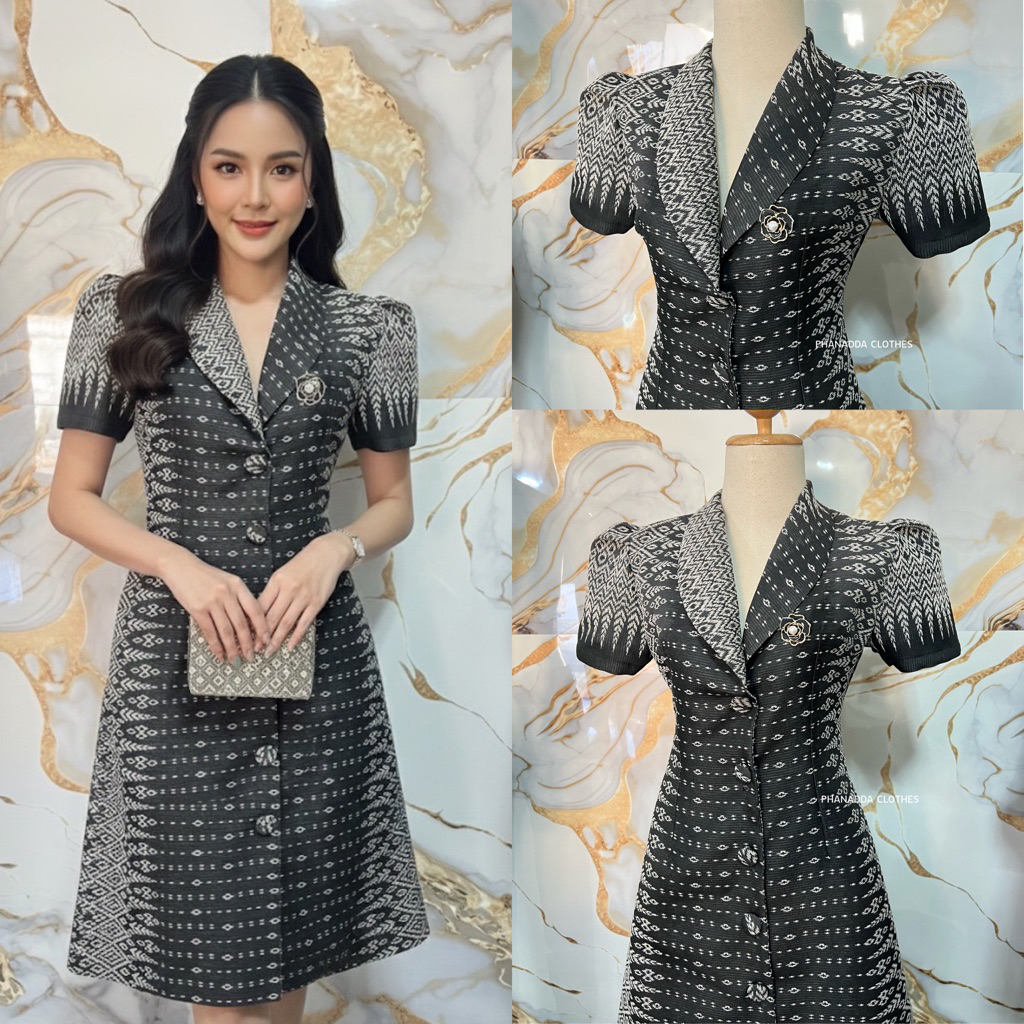 เดรสคอปกกระดุมหน้าผ้าฝ้ายทออัดกาว ใส่ทำงาน-ไปงาน ทรงสวยพอดีตัว มุมมองที่ 3