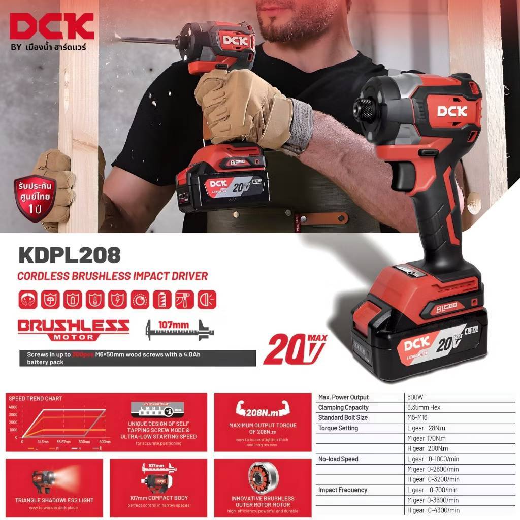 DCK รุ่น KDPL208 (Type Z ) ไขควงกระแทกไร้สาย 20V แรงบิดสูงสุด 208 N.m ...