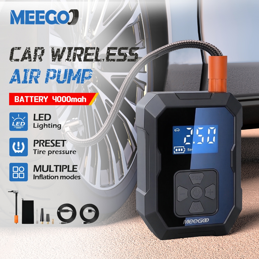 MeeGoo เครื่องปั๊มลมไร้สายในรถยนต์ 4000mah เครื่องปั๊มลมแบบพกพา Wireless car air pump อเนกประสงค์