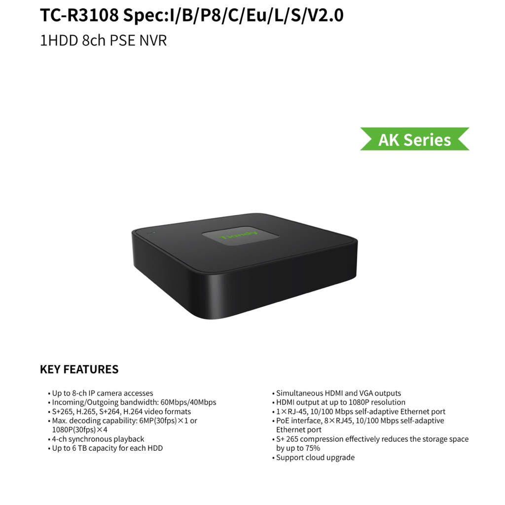 เครื่องบันทึก Tiandy NVR รุ่น TC-R3108 I/B/P8/C/Eu/L/S 1HDD 8ch POE ...