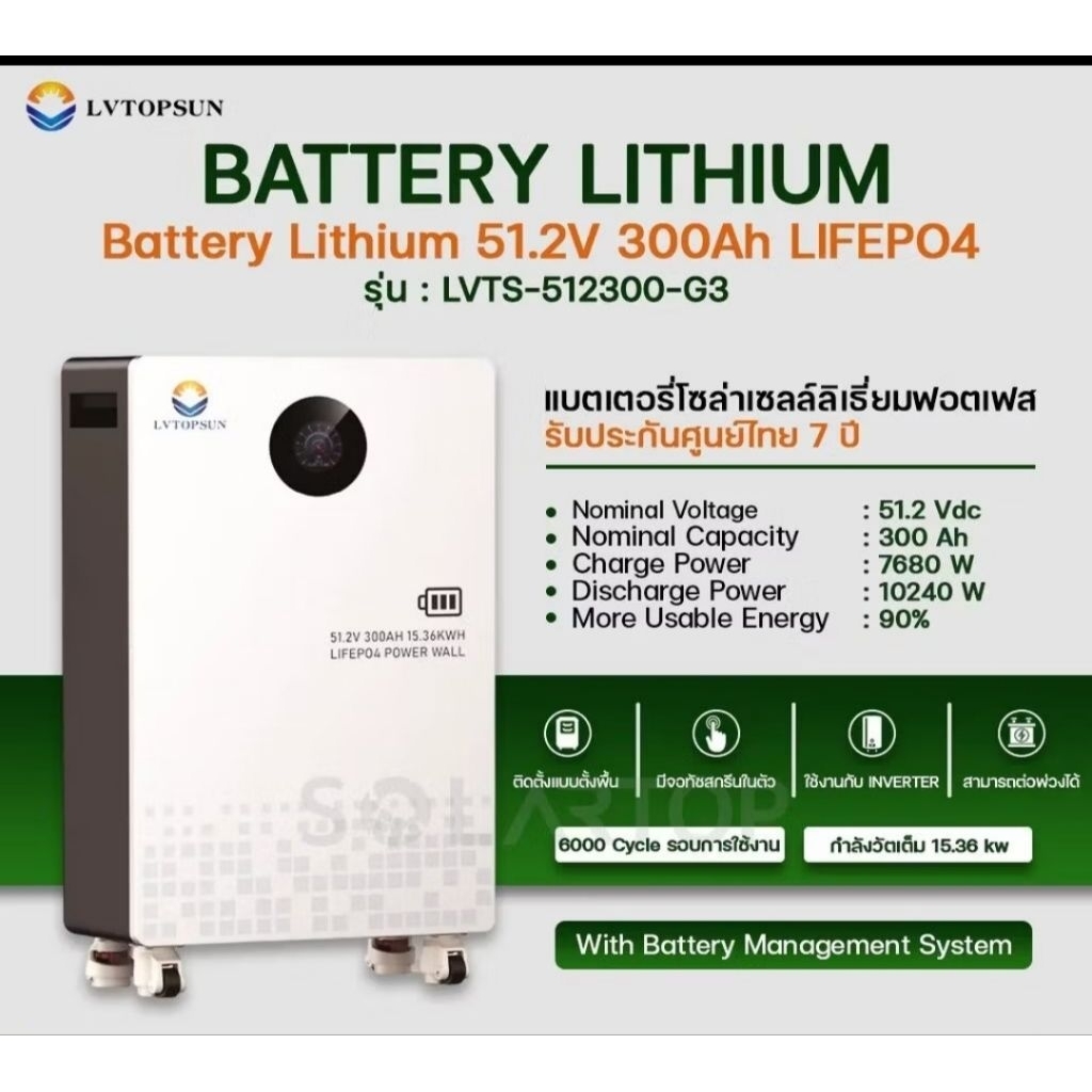 แบตเตอรี่ลิเธียม รุ่นอัพเดท BMS แบต LiFePO4 51.2V 300Ahรุ่น LVTS-512300 ...