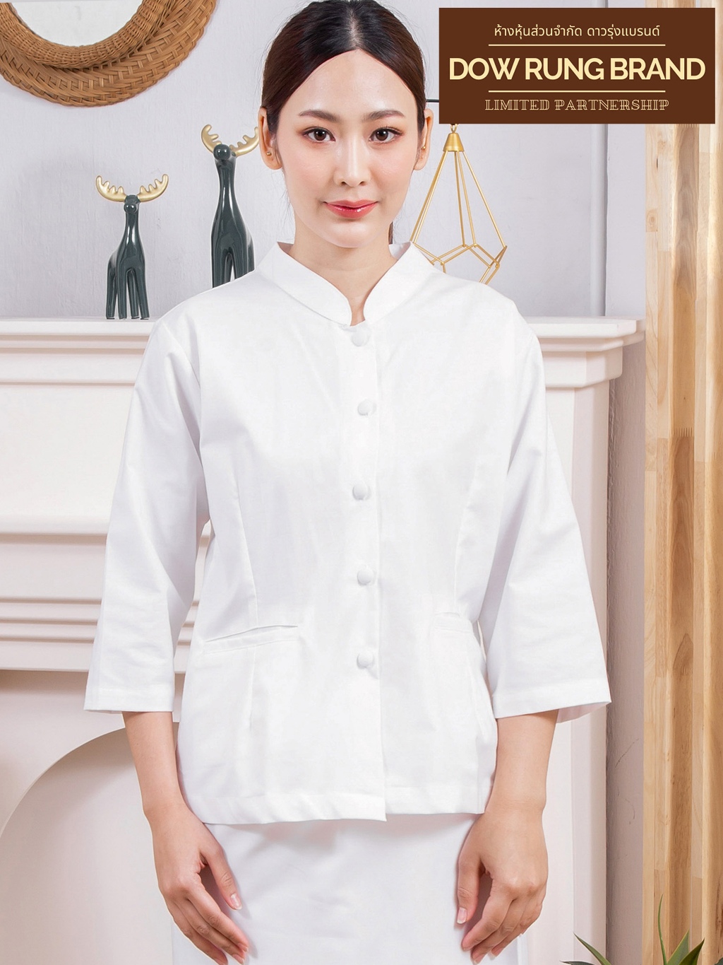 ชุดขาวปฏิบัติธรรมผ้าฝ้ายญี่ปุ่น เนื้อนุ่ม ใส่สบาย ทรงสวย (จิตรลดา/คอกลมแขนสามส่วน) มุมมองที่ 5