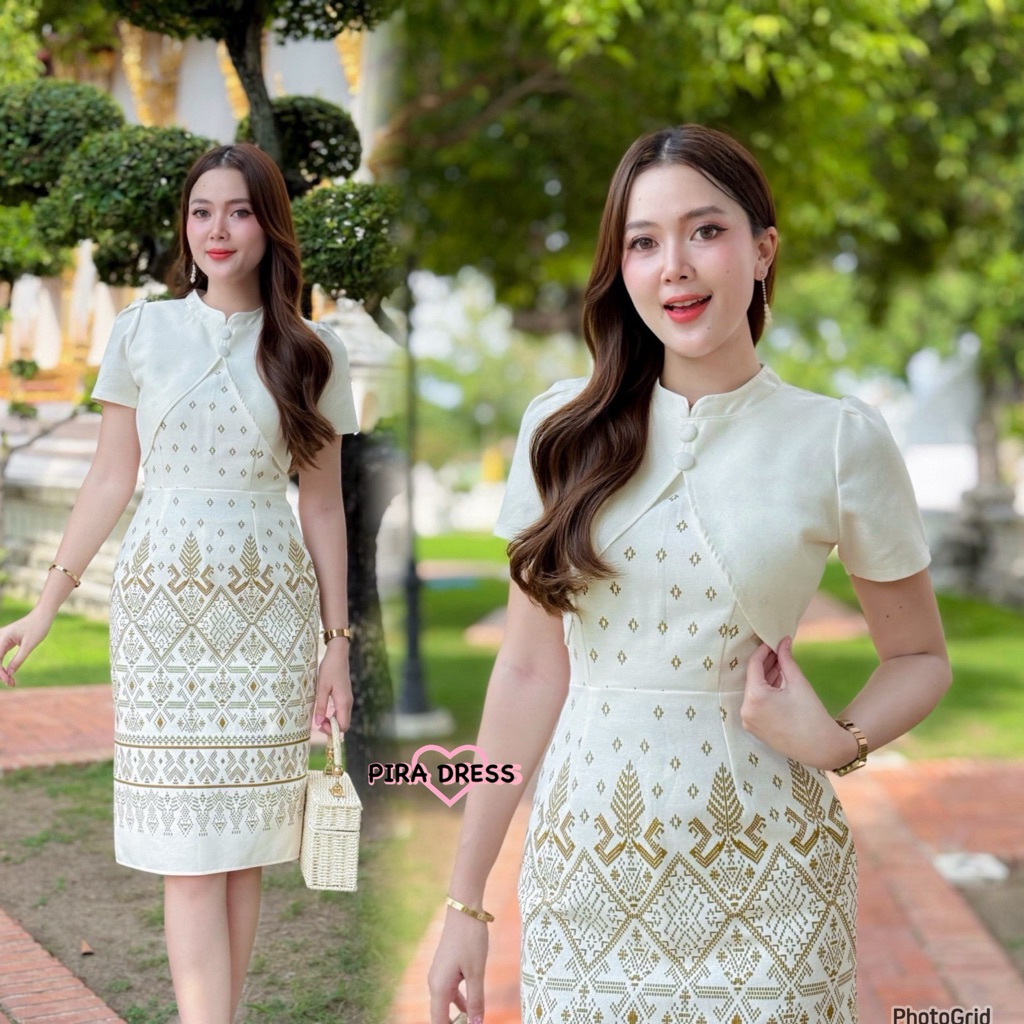 เดรสผ้าฝ้ายอัดกาว PIRA DRESS ทรงสอบ คอจีน สีขาว ดูดีทรงสวยผิวขาว