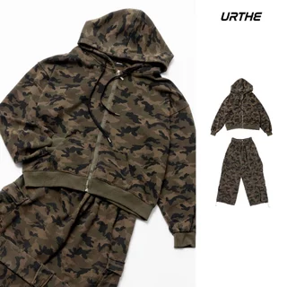 URTHE - ชุดเซต เสื้อฮู้ดดี้ กางเกงคาร์โก้ ลายพราง รุ่น COMBAT UTILITY