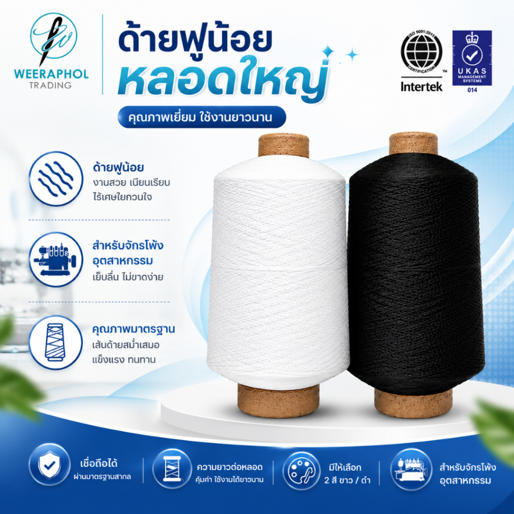 ด้ายฟูน้อยหลอดใหญ่ ด้ายฟูน้อยสีขาว-ดำ ด้ายโพ้งฟู สำหรับจักโพ้ง (สามารถออกใบกำกับภาษีได้)