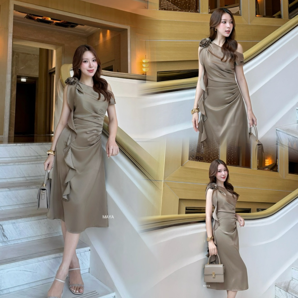 เดรสออกงานผ้าซาตินโคเรีย พรางพุงด้วยดอกไม้เดรปเอว ใส่แล้วดูแพง มีหลายสี S-XL มุมมองที่ 4