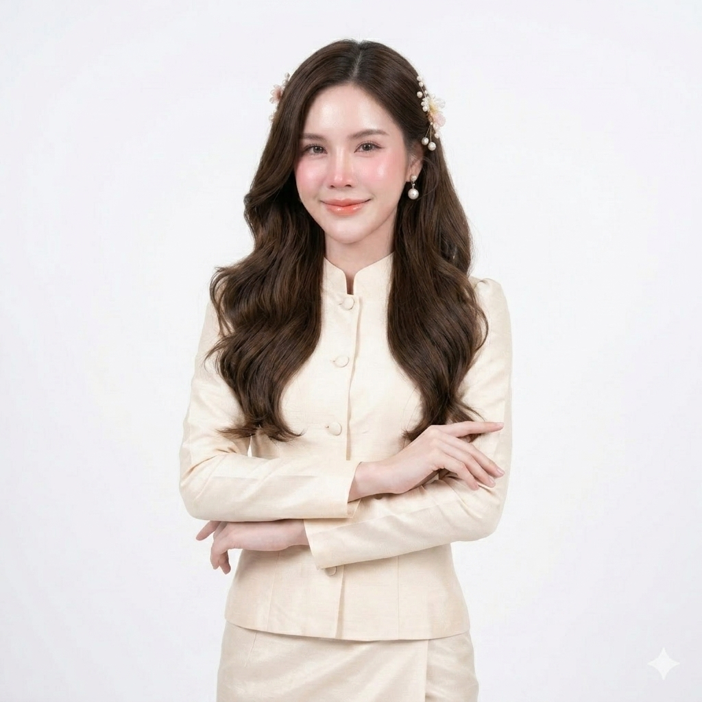 เสื้อจิตรลดาผ้าไหมสี่เส้น คอจีนแขนยาว ชุดไทยประยุกต์ สีครีม หรูหราระดับห้องเสื้อ ใส่ไปงานบุญ