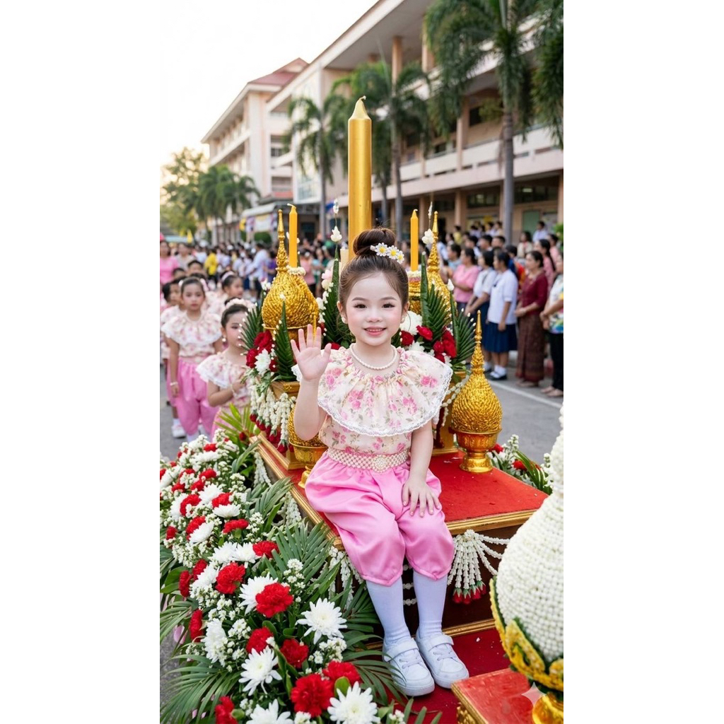 ชุดไทยเด็กผู้หญิงคอระบายลูกไม้ใส่ทำบุญไปโรงเรียนน่ารักสุดๆ ไซส์ S-XL มุมมองที่ 5