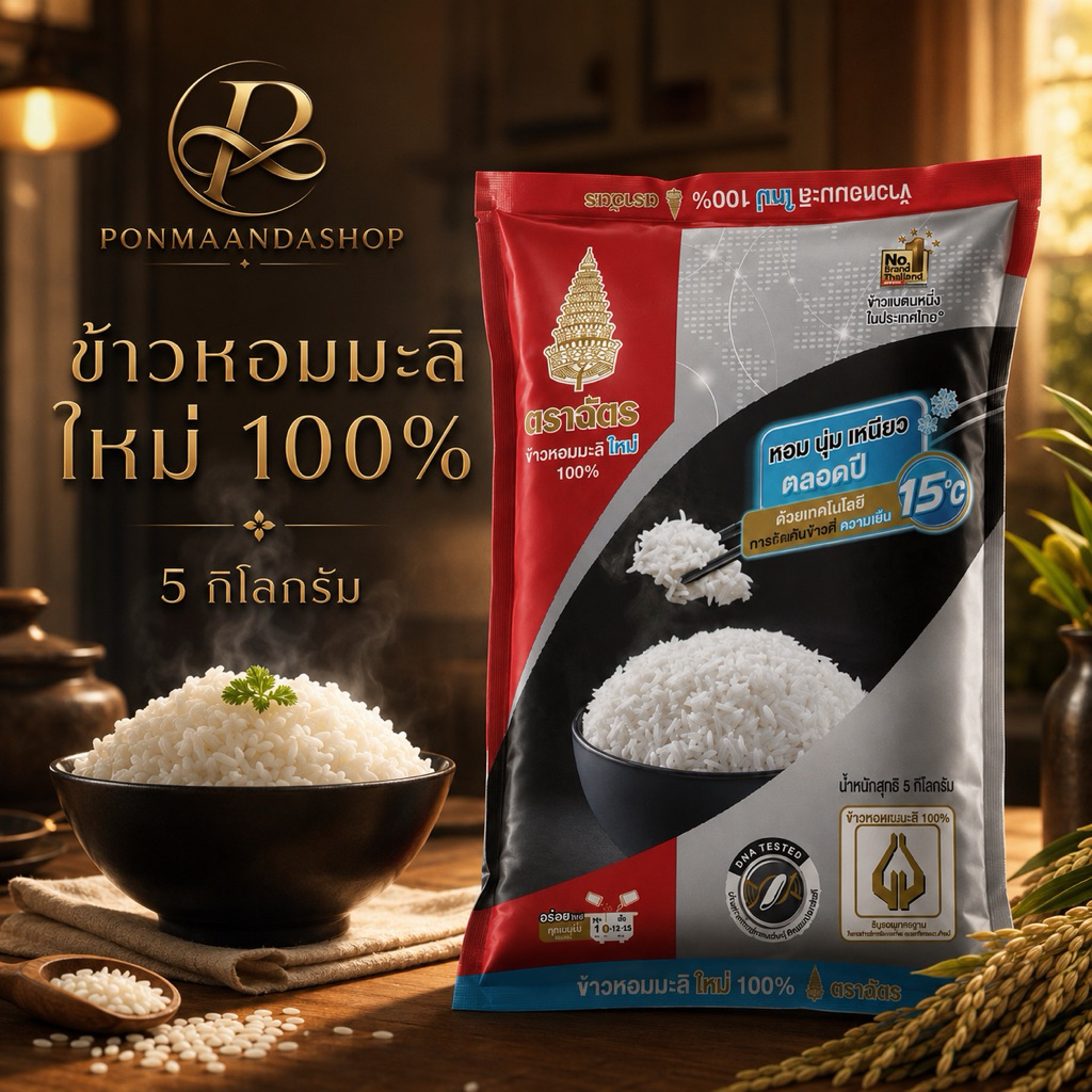 ( 1ถุง)  ฉัตรแดงใหม่ ข้าวหอมมะลิใหม่100%  5กก. CHAT JASMINE RICE PREMUIM 100% 5 KG.