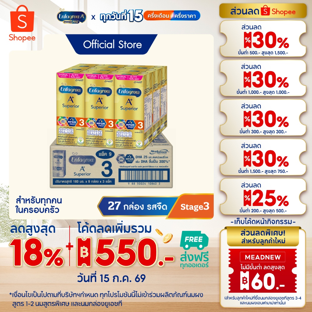 นมกล่อง เอนฟาโกร ยูเอชที ซุพีเรียร์ สูตร3 (27 กล่อง) Enfagrow UHT Superior Stage3 (27 boxes)