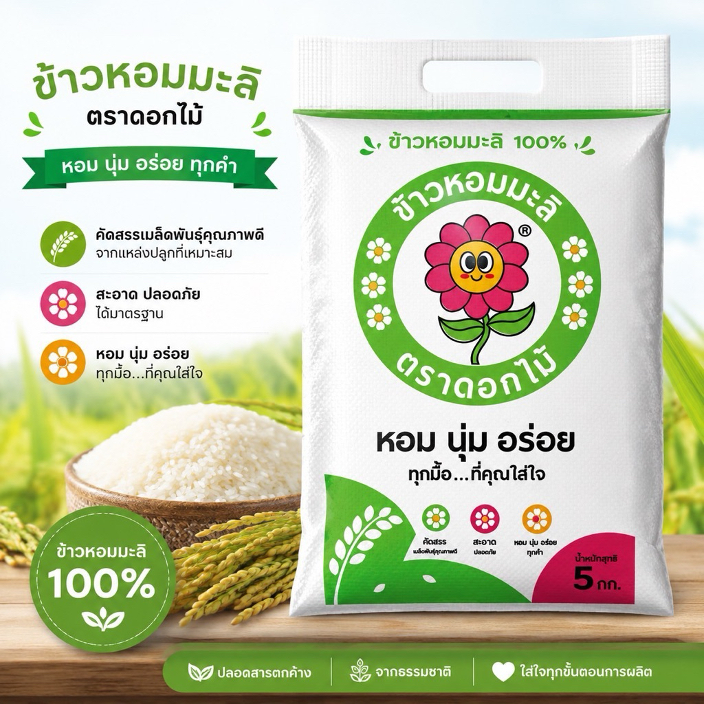 ข้าวหอมมะลิสุรินทร์ท่อน ซาห้อ ยีจ้อ      ตราดอกไม้ พันธุ์กข15 จากโรงสีชุมชน ขนาด 4 กิโลกรัม