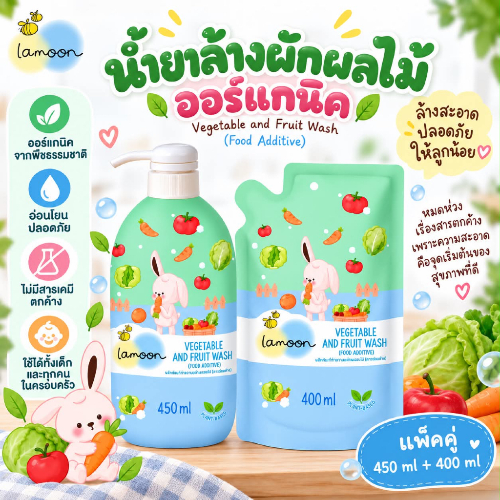 (ส่งด่วน/ส่งทันที🔥) Lamoon น้ำยาล้างผักและผลไม้ สูตรใหม่ ออร์แกนิค ละมุนเบบี้ ขวดปั๊ม 450ml