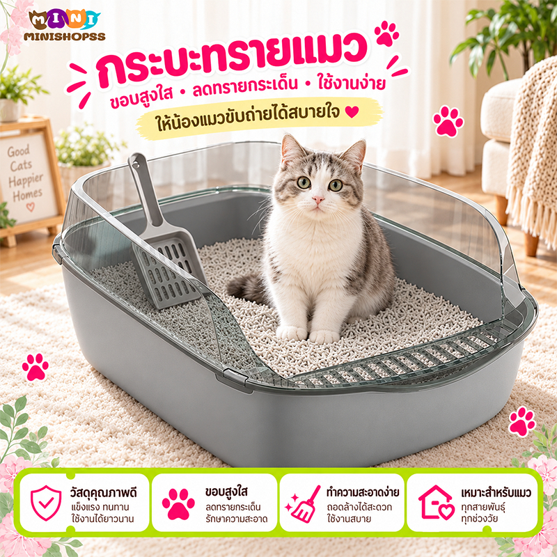 กระบะทรายแมว ขอบสูงกันกระเด็น มีตะแกรงดักทราย