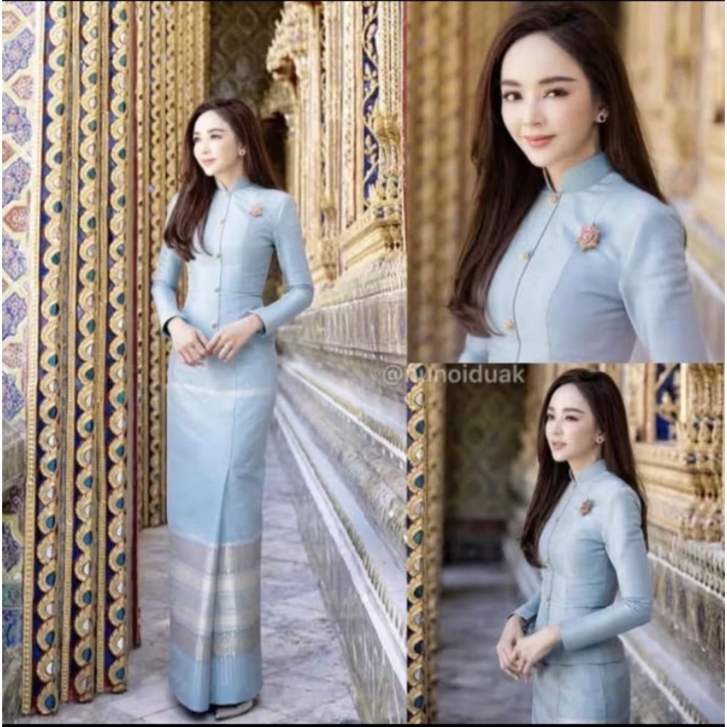 ชุดไทยจิตรลดาสีฟ้า ผ้าไหมแพรวา รับตัดทุกไซส์ สวยหรูดูแพง ใส่ได้ทุกงานมงคล มุมมองที่ 2