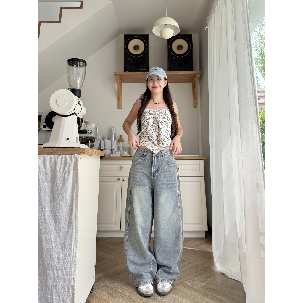 HELLDUL 9902 กางเกงยีนส์เอวสูง ขากระบอกใหญ่ เอวเข้ารูป ใส่สบาย ผ้าไม่บาดผิว - 4