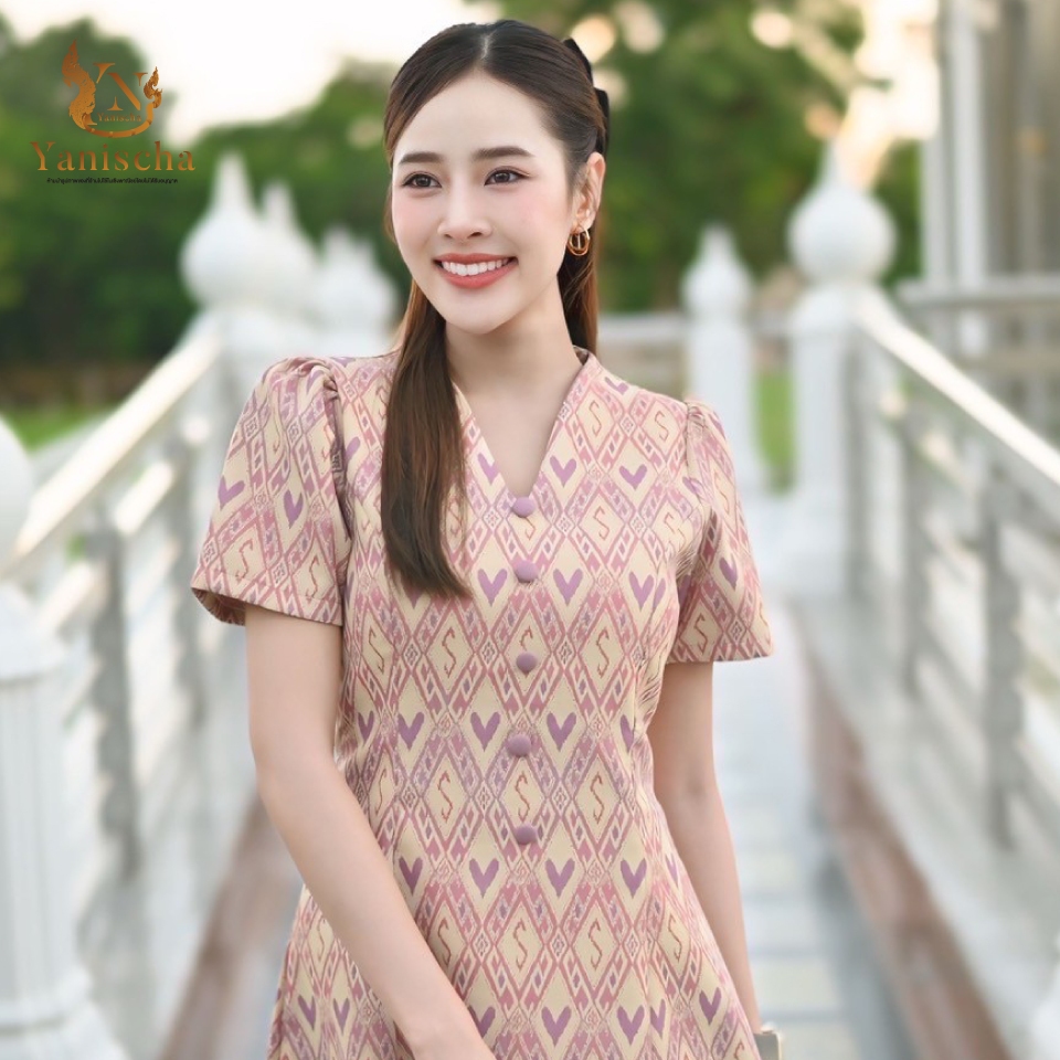 เดรสผ้าไหมทอลาย ชุดไปวัดทำบุญ หรูสุภาพ สีชมพู-ม่วง ไซส์ XS-5XL มุมมองที่ 2