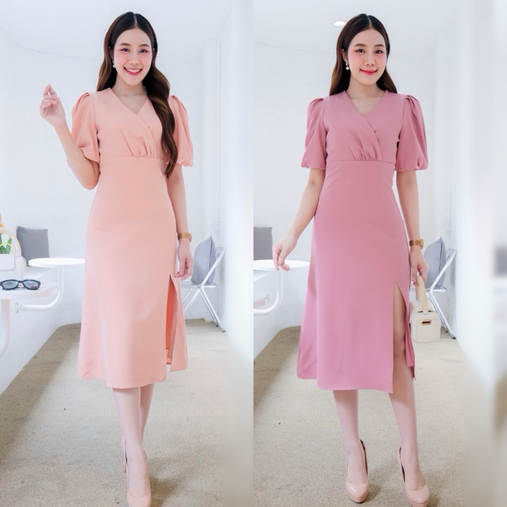 VO8115  คอวี เกาหลีมินิมอล ชุดออกงานทางการ ทรงสุภาพ ชุดพิธีการ เดรสทำงาน [LUXURY707]