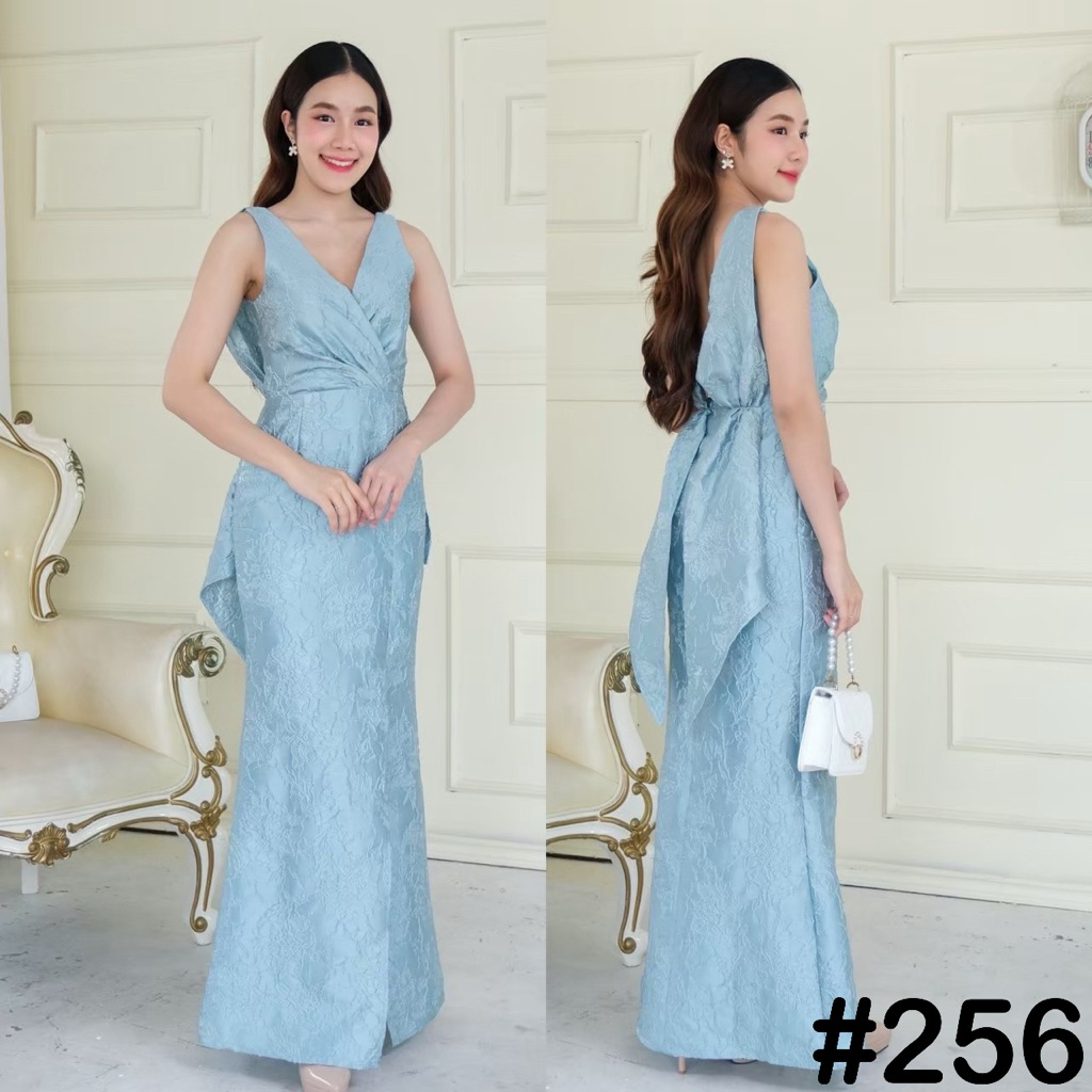 VO0256 เดรสคอวีผูกโบว์เอว พรางหุ่นสวยหรู 7 สี ชุดเพื่อนเจ้าสาว เดรสออกงาน เนื้อผ้าพิมพ์นูน มุมมองที่ 6