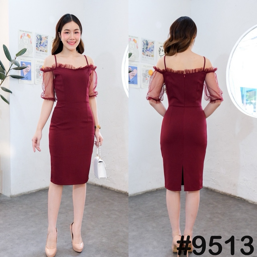 เดรสเปิดบ่าแขนตาข่าย เนื้อผ้าเกาหลี ใส่แล้วดูผอม พรางแขน ไซส์ S-2XL สีสวย 4 สี มุมมองที่ 6