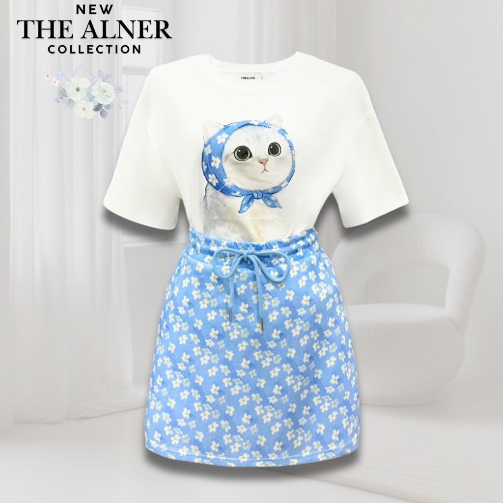 Thealner-AN015 (เซตเสื้อขาวแขนสั้นลายแมวใส่ผ้าโพกลายดอก+กระโปรงฟ้า ...