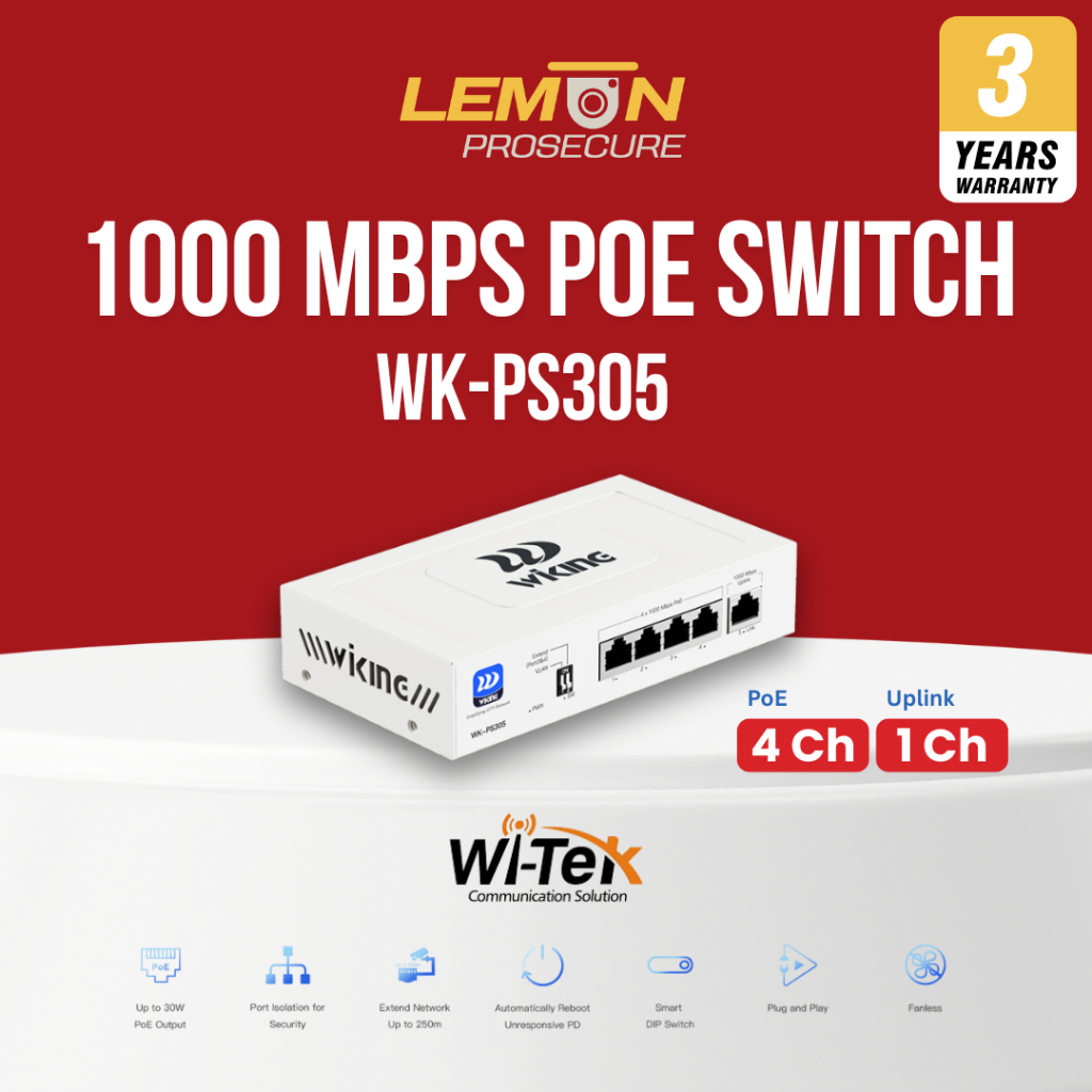 [ส่งด่วน] Witek WK-PS305 (Gigabit) PoE Switch 4+1 Port 1000Mbps รีบูต ...