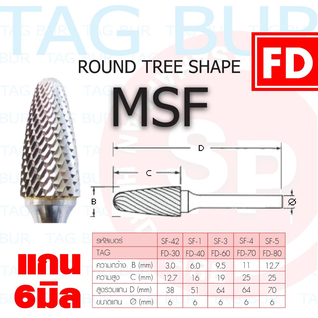 FD TAG BUR MSF 30,40,60,70,80 เหล็กเจียรนัย CARBIDE BUR ทรง ROUND TREE ...