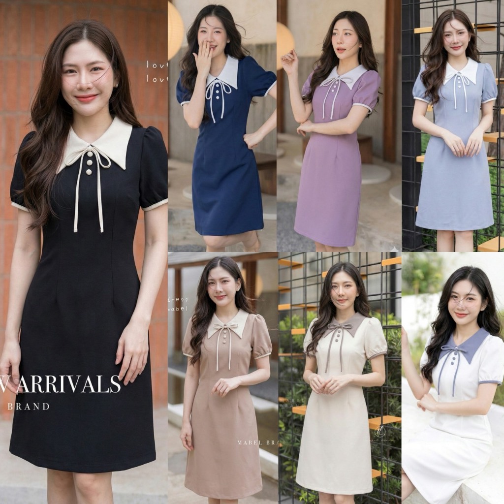 Z03 เดรสคอปก ผ้าเปเป้ อัดกาว แขนตุ้กตา ทรงA ยาว38 | Shopee Thailand