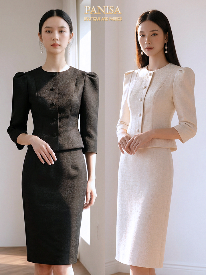 Panisa ชุดผ้าไทยขาว-ดำ ใส่ทำงาน พิธีการ เรียบหรู ทรงสวย เนื้อดี ไซส์ M L มุมมองที่ 3