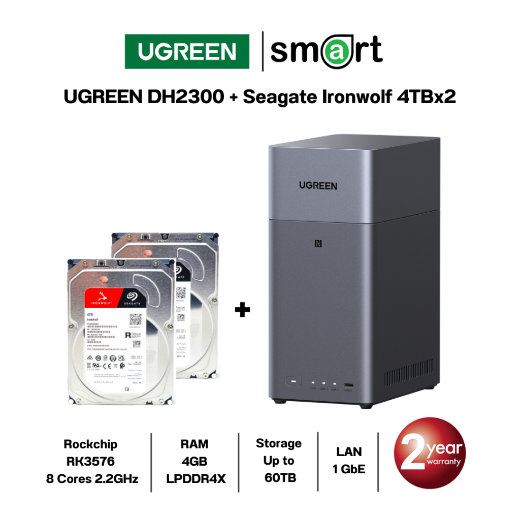 UGREEN NASync DH2300 2-Bay NAS + 2 x Seagate Ironwolf 4TB | Shopee