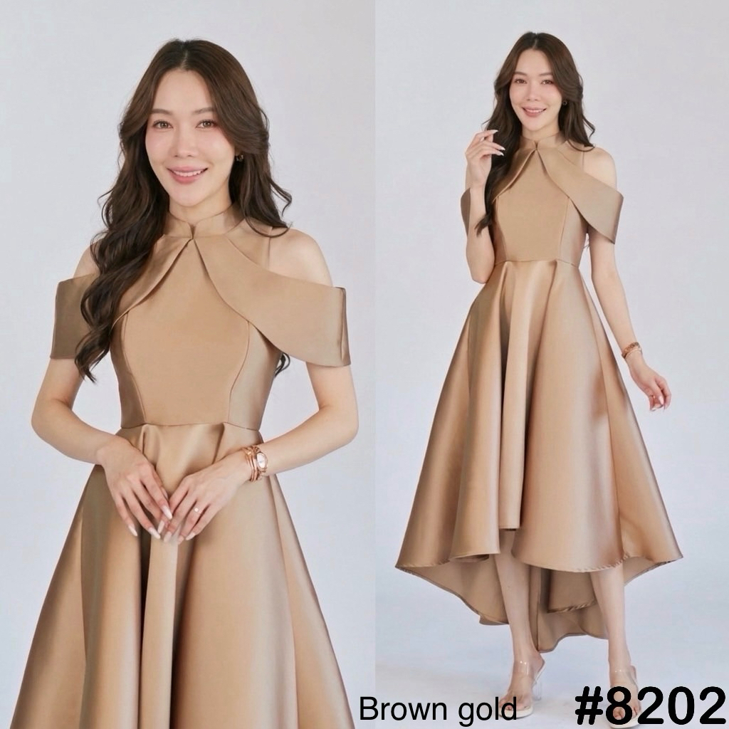 เดรสคอจีนพรางแขน หน้าสั้นหลังยาว ชุดเพื่อนเจ้าสาว LUXURY707 ผ้าเงาหรู 7 สี มุมมองที่ 5