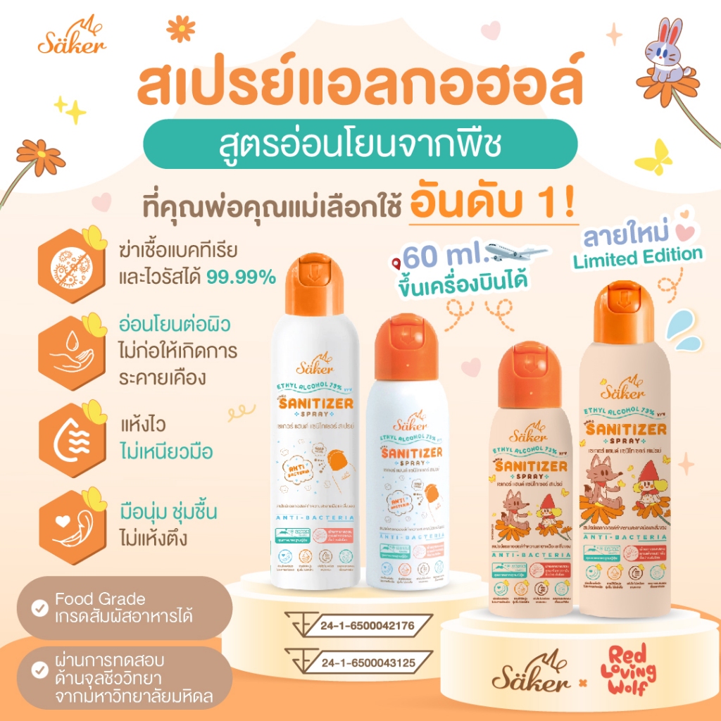 Saker สเปรย์แอลกอฮอล์จากพืชธรรมชาติ ฟู้ดเกรด เกรดสัมผัสอาหารได้ มาตรฐานญี่ปุ่นอันดับ1