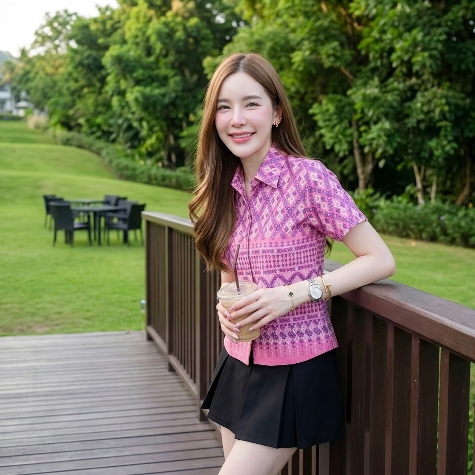 LANNA – เสื้อคอเชิ้ตผ้าไทยลายขอแขนสั้น เสื้อใส่ทำงานผู้หญิง ผ้าฝ้ายพิมพ์ลายทรงสวยใส่สบาย