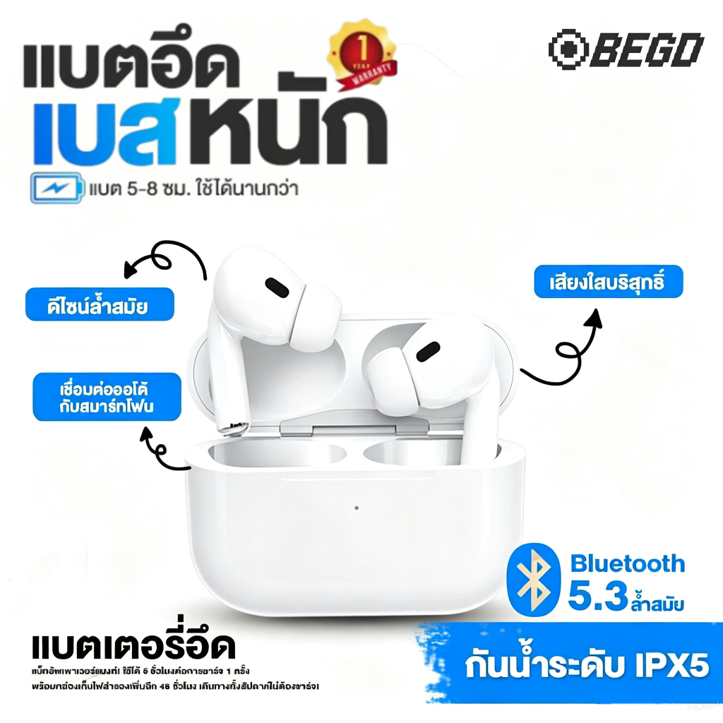 BEGD (รับประกัน 1 ปี+ของแถม) หูฟังไร้สาย R6 หูฟัง Bluetooth หูฟังบลูทูธ 5.3 พร้อมไมโครโฟนในตัว เสียงดี ลดเสียงรบกวน