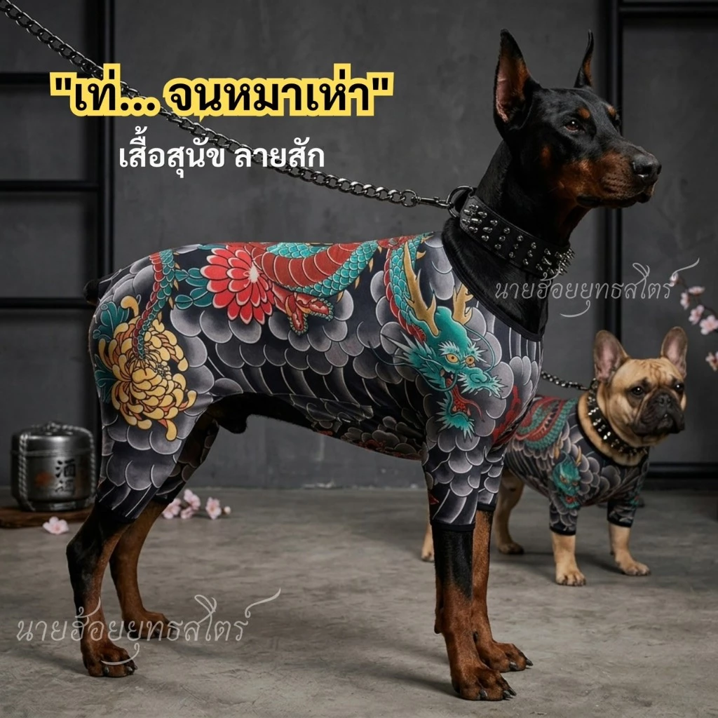 รูปสินค้า เสื้อผ้าลายสักสำหรับสัตว์เลี้ยง ทั้งแมวและสุนัข เสื้อผ้าสัตว์เลี้ยงที่เหมาะสำหรับทุกฤดูกาล มีสไตล์ เท่ และสร้างสีสรรค์