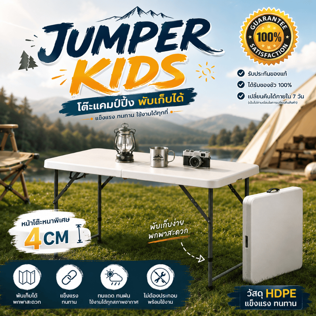 Jumper Kids โต๊ะแคมป์ปิ้ง โต๊ะวางของ พับได้ ใช้ในสนาม วางของขาย ทนแดด ทนฝน วัสดุ HDPE ใช้ได้ยาวนาน