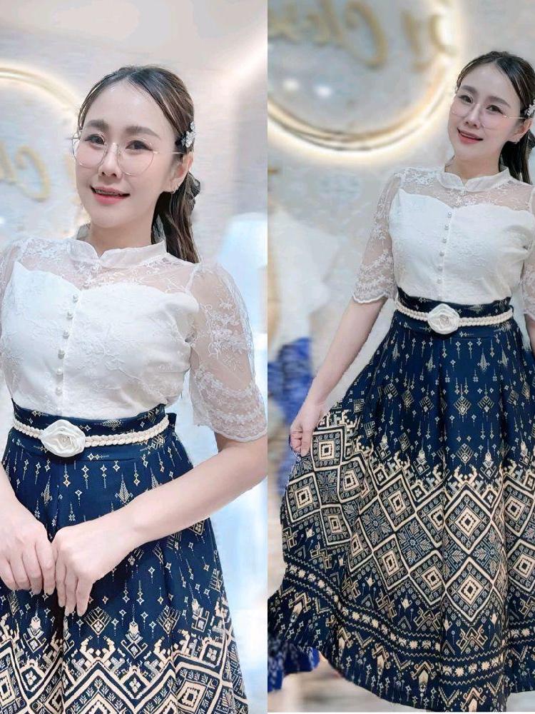 ชุดเดรสไทยประยุกต์ P121 ผ้าบาร์บี้ลายไทย คอจีนลูกไม้ ซับใน ฟรีไซส์ ใส่ทำบุญ มุมมองที่ 5