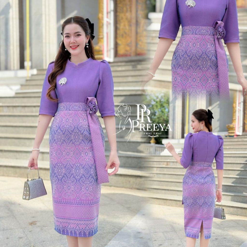 PR185 ชุดเดรสผ้าทอมัดหมี่ฝ้ายคราม ใส่สบาย ทรงสวย ไซส์ S-2XL แบรนด์ Preeya