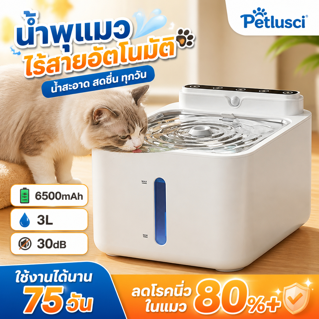[รับประกัน 2ปี] น้ําพุแมวไร้สาย 6500mAh Smart Pet Fountain น้ำผุแมวไร้สาย ให้น้ำแมว น้ำพุสุนัข น้ำพุแมวไร้สายอัตโนมัติ