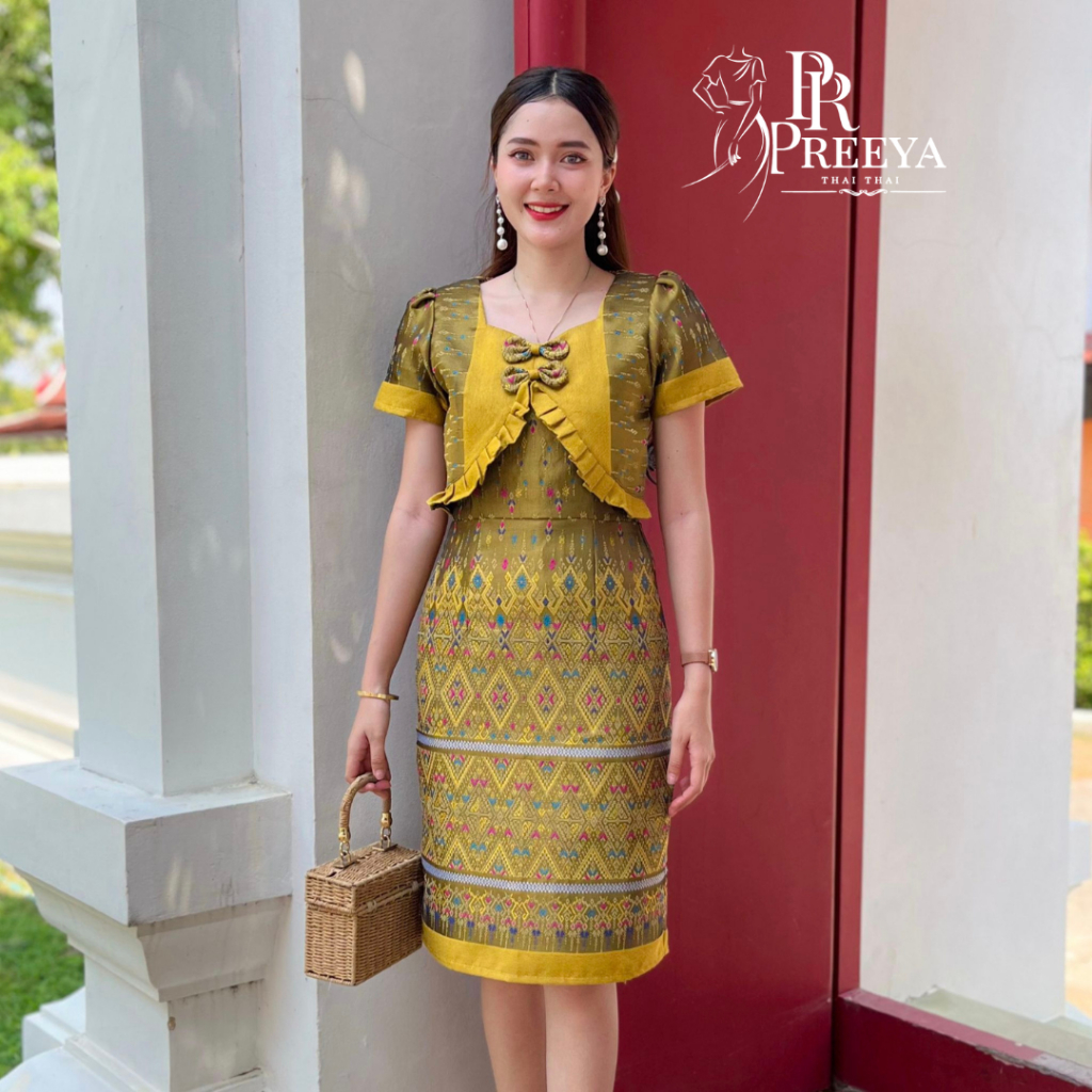 PR73 เดรสผ้าไหมแกมฝ้ายทอลาย อัดกาวทั้งชุด ชุดไทย Preeya ใส่แล้วขับผิว ดูแพง มุมมองที่ 5
