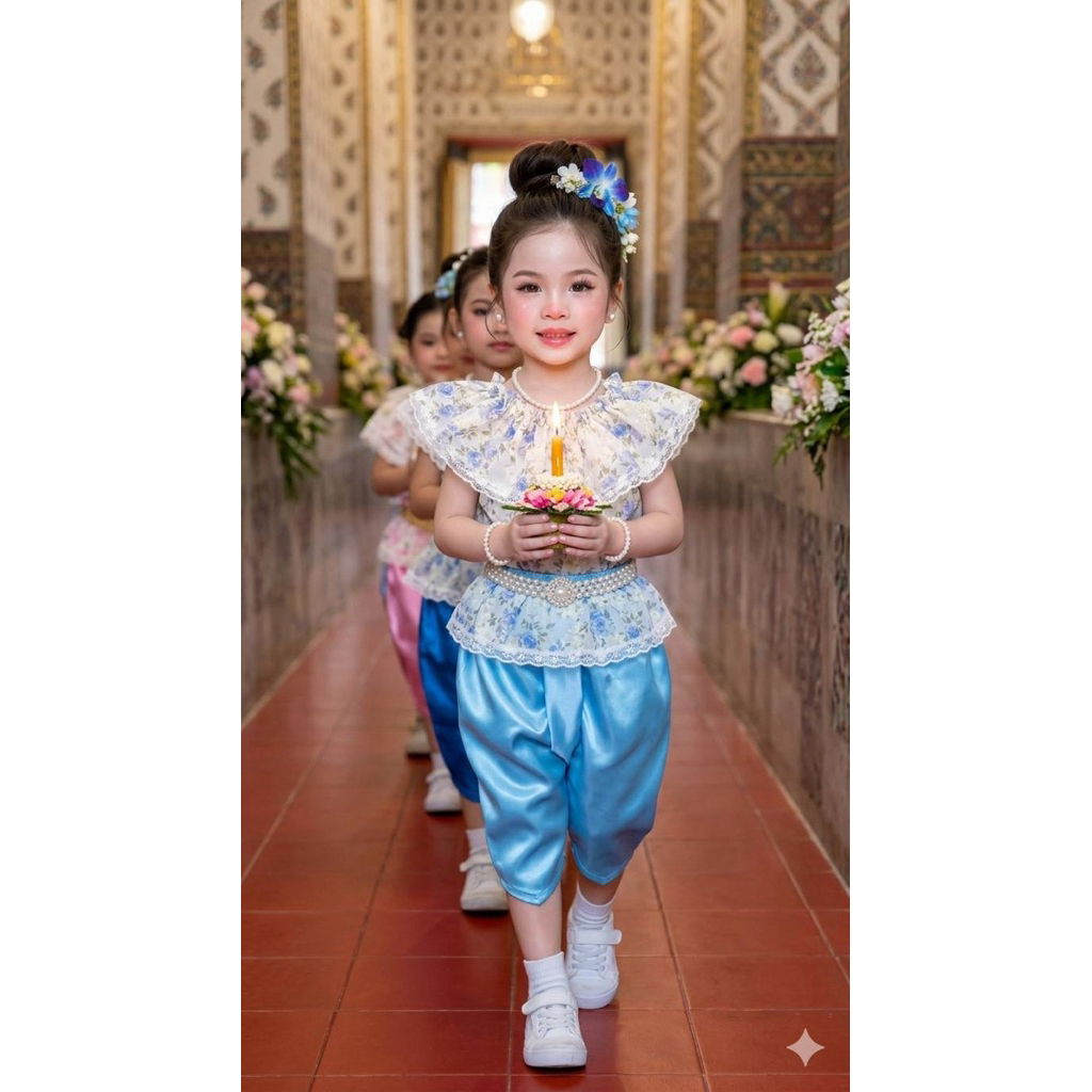 ชุดไทยเด็กผู้หญิงคอระบายลูกไม้ใส่ทำบุญไปโรงเรียนน่ารักสุดๆ ไซส์ S-XL มุมมองที่ 3