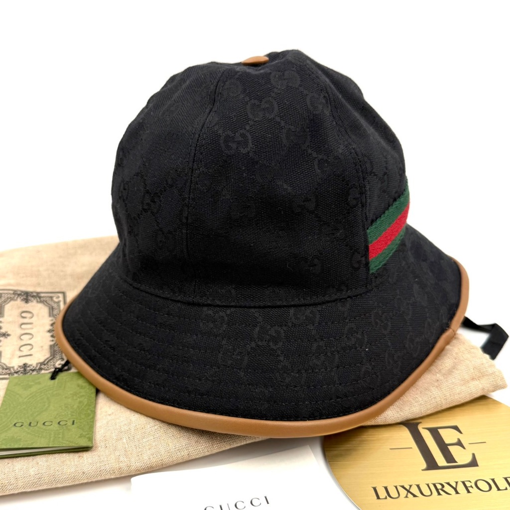 GUCCI GG Canvas Sherry Line Web Bucket Hat หมวก 722377 สี Black