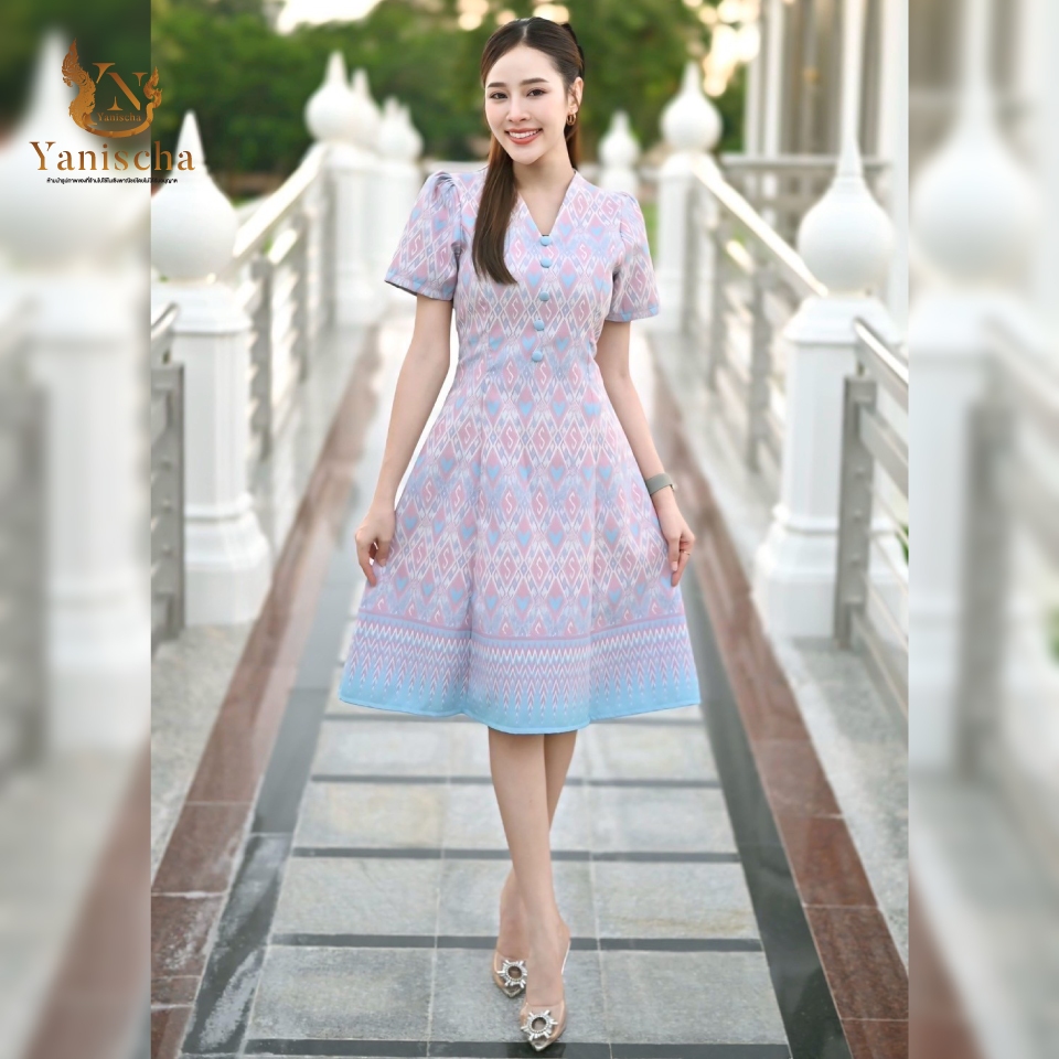 เดรสผ้าไหมทอลายพาสเทล ชุดไปวัดทำบุญ เรียบหรู สะกดทุกสายตา ไซส์ XS-2XL มุมมองที่ 5
