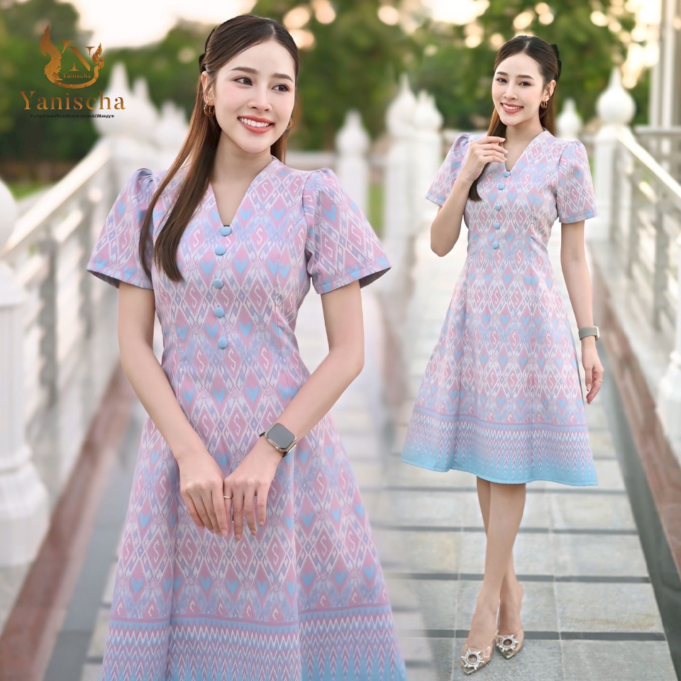 เดรสผ้าไหมทอลายพาสเทล ชุดไปวัดทำบุญ เรียบหรู สะกดทุกสายตา ไซส์ XS-2XL